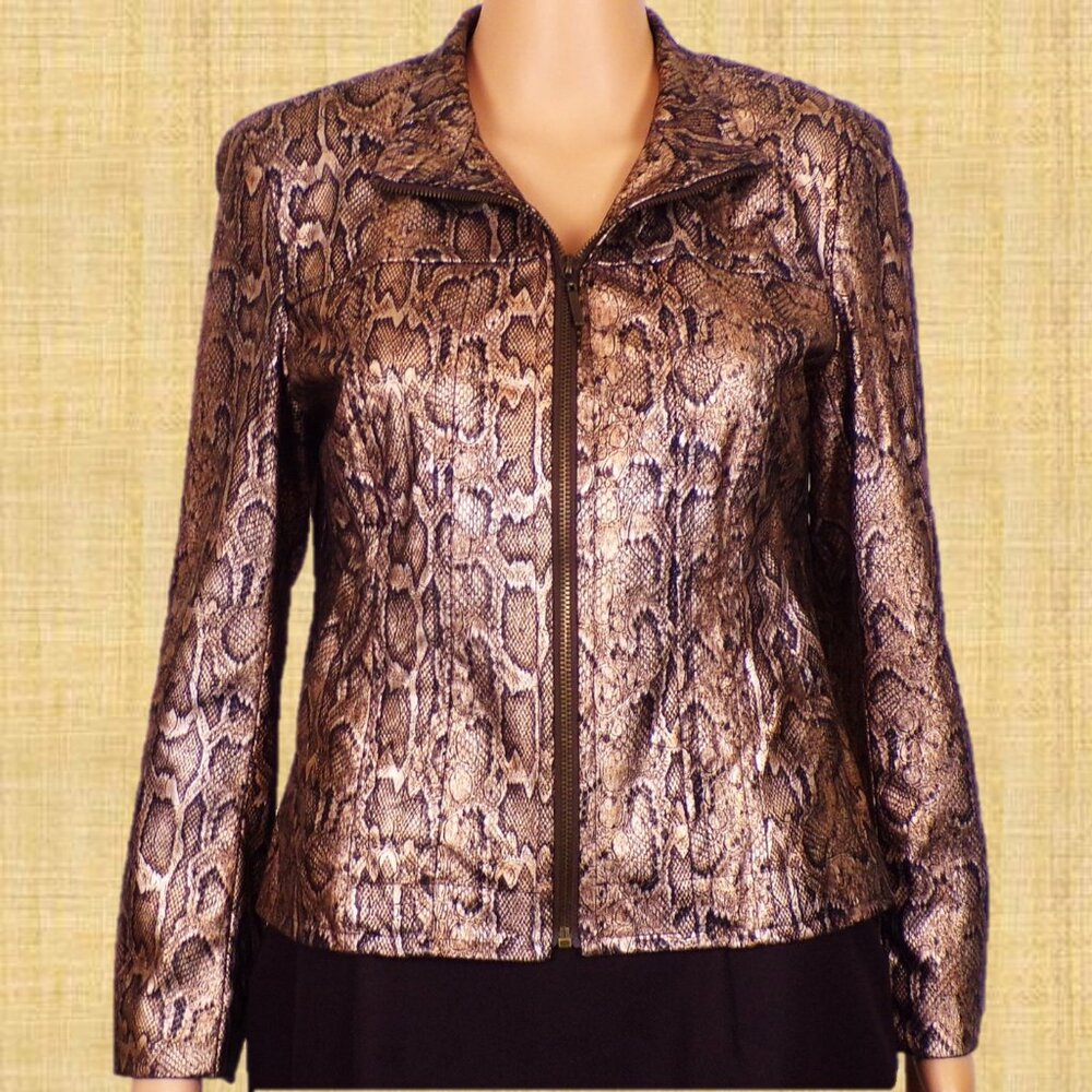 BAMBOO TRADERS size PS brown/gold/silver satin zip-front snakeskin jacket